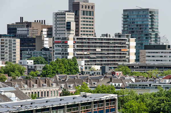 Rotterdam, The Netherlands, June 18, 2022: low aerial view of the modern post-war buildings in the city center