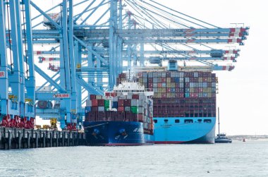 Rotterdam, Hollanda, 12 Eylül 2022: Maasvlakte sanayi bölgesinde bir turna ormanının altında büyük bir konteyner gemisi ve küçük bir gemi