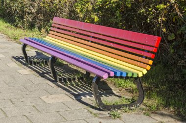 Lahey, Hollanda, 18 Ekim 2022: Çelik ve ahşaptan yapılmış ve lgbt gökkuşağı renkleriyle boyanmış kaldırımda bank