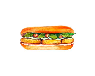 Beyaz arka planda izole edilmiş suluboya vejetaryen sandviç. Vietnam usulü kabuklu fast food banh mi? Ekmek, tofu, fesleğen, salatalık, biberli el yapımı Asya vejetaryen atıştırmalığı..