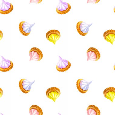 Seamless pattern with watercolor cookies with yellow peach pink blue purple meringue, isolated on white background. Hand drawn illustration of sweet delicious asian dessert ice gem biscuit.