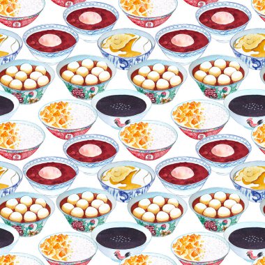 Hong Kong tatlılarıyla kusursuz suluboya deseni. Asya fasulye çorbası, mango sago pudingi, kara susam çorbası, tang yuan, tofu tatlısı. Karakter, on bin yıllık sonsuz yaşam anlamına gelir..