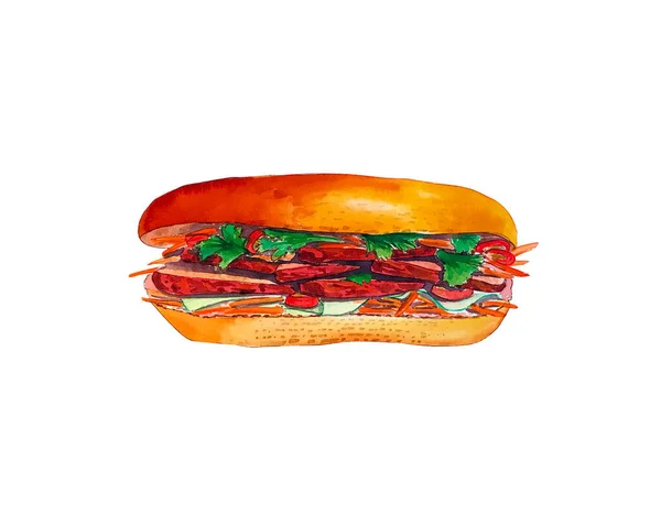 Watercolor Sandwich Isolated White Background Vietnamese Crusty Fast Food Banh — 스톡 사진