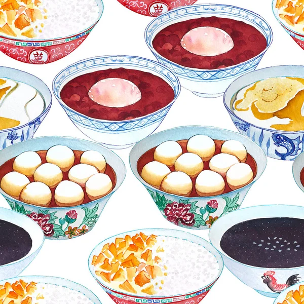 Seamless Watercolor Pattern Hong Kong Desserts Asian Red Bean Soup — Stock fotografie
