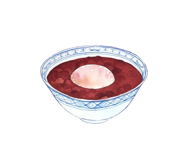 Tazón Acuarela Sopa Frijoles Rojos Tradicional Postre Chino Ilustración Dibujada —  Fotos de Stock