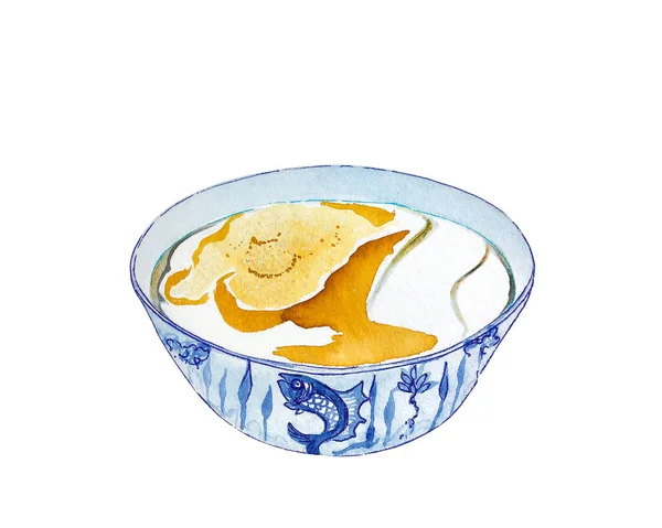Watercolor Bowl Hong Kong Dessert Hot Tofu Soy Bean Curd — 스톡 사진