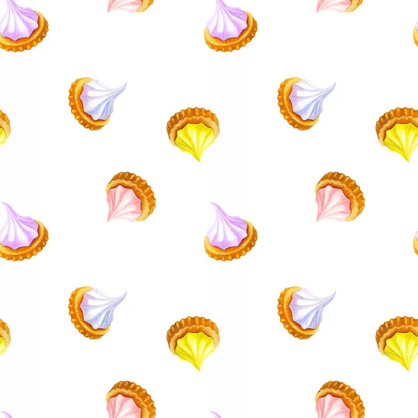 Seamless Pattern Watercolor Cookies Yellow Peach Pink Blue Purple Meringue — Foto de Stock