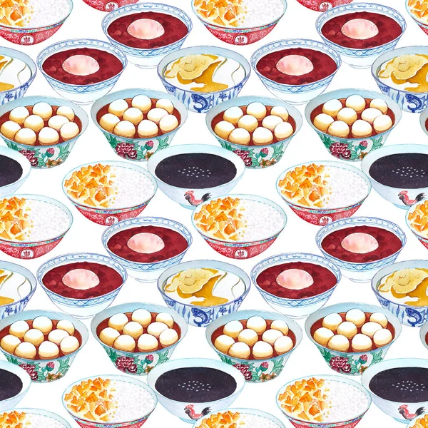 Padrão Aquarela Sem Costura Com Sobremesas Hong Kong Sopa Feijão — Fotografia de Stock