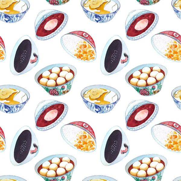 Seamless watercolor pattern with hong kong desserts on white background. Tasty asian red bean soup, mango sago pudding, black sesame soup, tang yuan, tofu dessert. Hand drawn pattern with bowls.