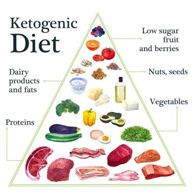 Poster with food. Hand drawn different vegetables, meat, fish, cheese and nuts for the ketogenic diet, low carb diet. Watercolor, isolated on white background.