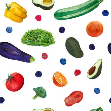 Sulu boyalı elin kusursuz deseni sebze ve meyve çiziyordu. Sarı biber, kırmızı domates, taze brokoli, olgun avokado, sulu portakal, mor patlıcan, yeşil kabak..