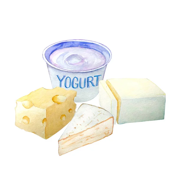 Watercolor Hand Drawn Block Butter Yogurt Cheeses Dairy Products Isolated — Fotografia de Stock