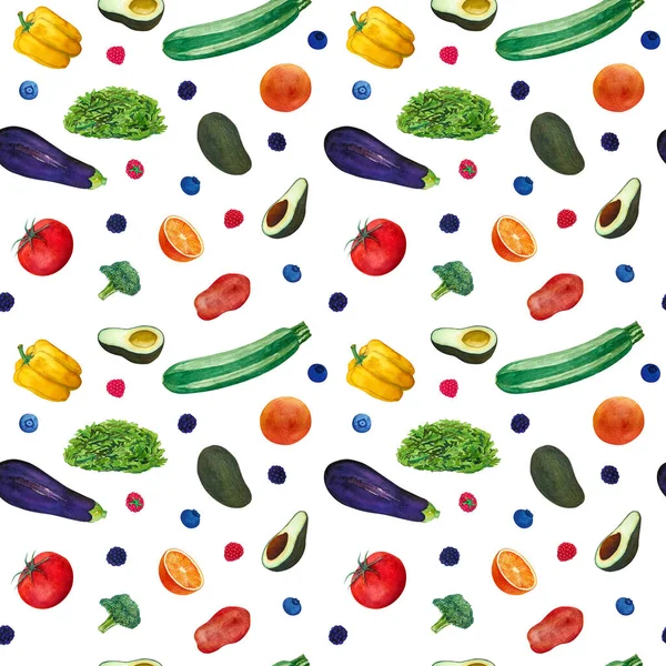 Seamless pattern of watercolor hand drawn vegetables and fruit. Set of yellow pepper, red tomato, fresh broccoli, ripe avocado, juicy orange, purple eggplant, green zucchini.