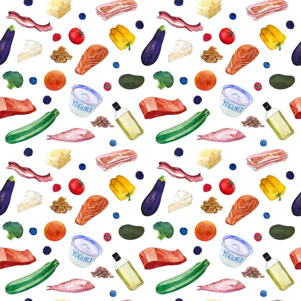 Seamless pattern with food. Hand drawn different vegetables, meat, fish, cheese and nuts for the ketogenic diet, low carb diet. Watercolor, isolated on white background.