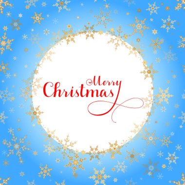 Altın süslemeli kırmızı harfler ve mavi arka planda ışıldayan kar tanelerinin çelenk süslemesi. Mutlu Noeller kaligrafik tebrik kartı..