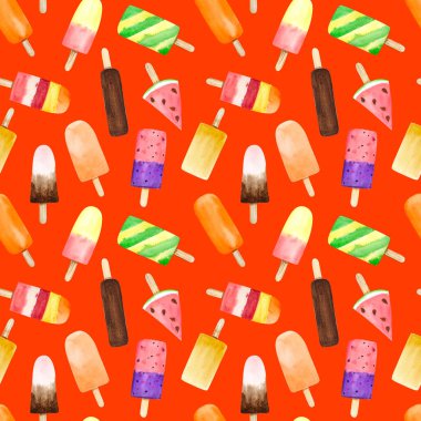 Kırmızı arka planda izole edilmiş suluboya meyveli ve çikolatalı dondurmalı kusursuz desen. El boyası tatlı yaz tatlı arka planı, yeşil, sarı, pembe, turuncu, mor.