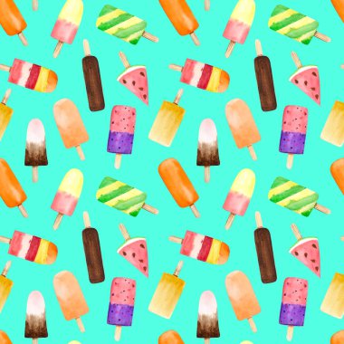 Tertemiz desenli suluboya meyve ve çikolatalı dondurma. Turkuaz arka planda izole edilmiş. El boyası tatlı yaz tatlı arka planı, yeşil, sarı, pembe, turuncu, mor.