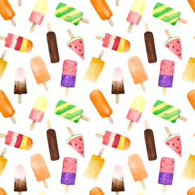 Beyaz arka planda izole edilmiş suluboya meyveli ve çikolatalı dondurmalı kusursuz desen. El boyası tatlı yaz tatlı arka planı, yeşil, sarı, pembe, turuncu, mor.