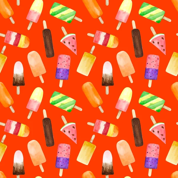 Seamless Pattern Watercolor Fruit Chocolate Ice Cream Stick Isolated Red —  Fotos de Stock