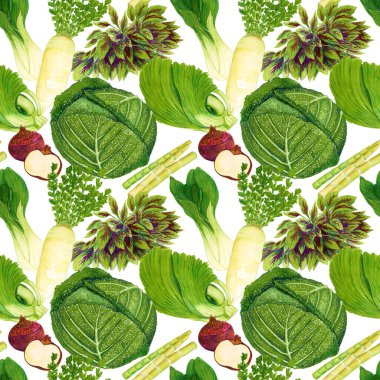Suluboya el, beyaz arka planda dikişsiz sebze deseni çizmiş. Olgun yeşil bok choy, gai choy, su kestanesi, daikon turp, lahana, bambu filizleri.
