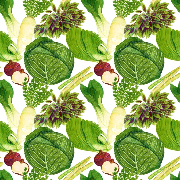 Watercolor hand drawn seamless vegetable pattern, on white background. Sketches of fresh ripe green bok choy, gai choy, water chestnut, daikon radish, cabbage, bamboo shoots.