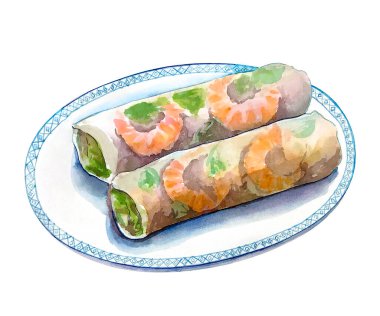 Taze Vietnam böreği, suluboya resim. El çizimi, Asya yemekleri, taze börekler, beyaz arka planda izole edilmiş..