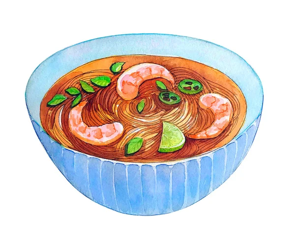 Watercolor Vietnamese Shrimp Soup Pho Isolated White Background Hand Drawn — Stock Photo, Image