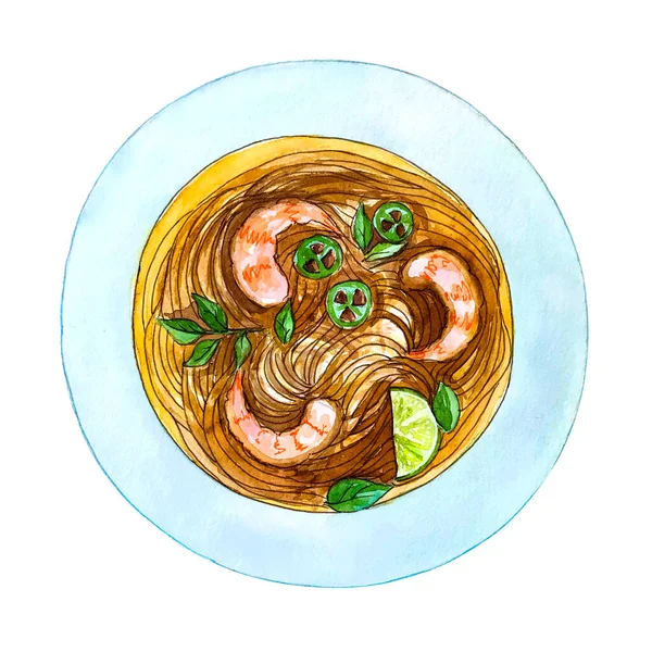 Watercolor Vietnamese Shrimp Soup Pho Isolated White Background Top View — Stock fotografie