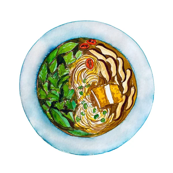 Watercolor Vietnamese Vegetarian Soup Pho Isolated White Background Top View — Stock fotografie