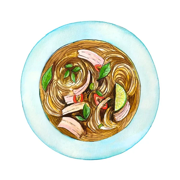Watercolor vietnamese chicken soup pho isolated on white background, top view. Hand drawn bowl of delicious hot fresh asian soup. Painting of tasty vietnamese meat soup pho.