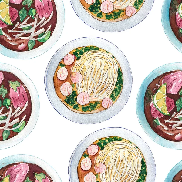 Seamless Watercolor Pattern Vietnamese Soup Pho Top View Tasty Hot —  Fotos de Stock