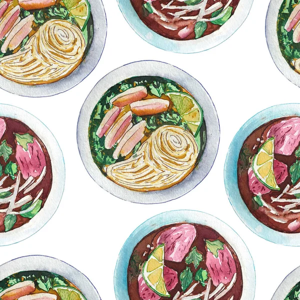 Seamless watercolor pattern with vietnamese soup pho, top view. Tasty hot fresh asian soup repeating background. Hand drawn pattern with bowls of delicious meat soup pho, isolated on white background.