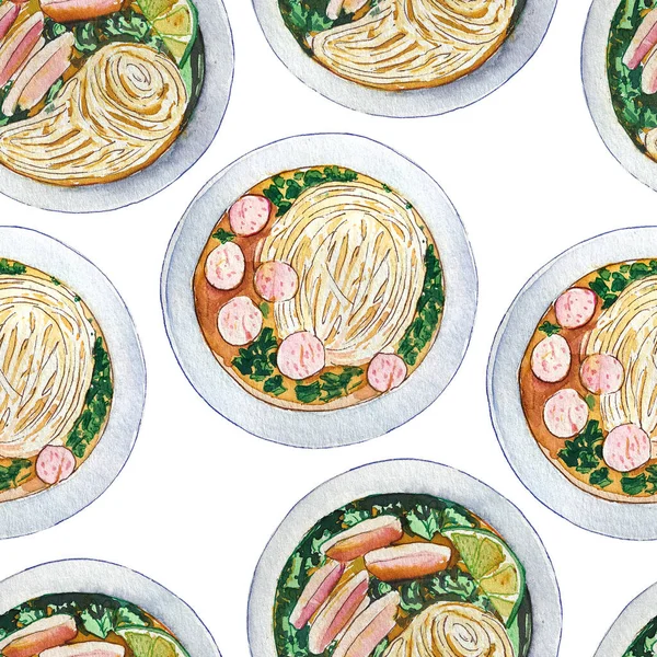 Seamless watercolor pattern with vietnamese chicken soup pho, top view. Tasty hot fresh asian soup repeating background. Hand drawn pattern with bowls of delicious meat ball soup pho, white background