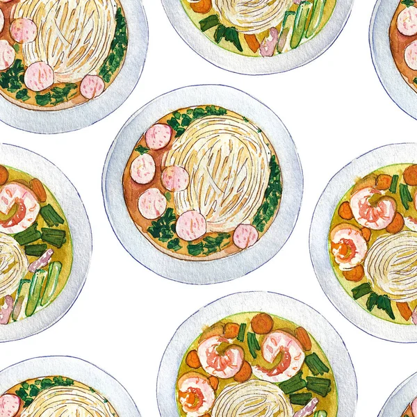 Seamless Watercolor Pattern Vietnamese Shrimp Meatball Soup Pho Top View —  Fotos de Stock