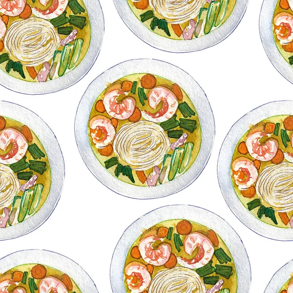 Seamless watercolor pattern with vietnamese shrimp soup pho, top view. Tasty hot fresh asian soup repeating background. Hand drawn pattern with bowls of delicious meat soup pho on white background.