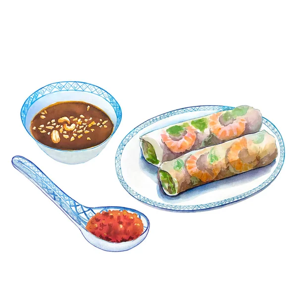 Fresh Vietnamese Spring Roll Watercolor Painting Hand Drawn Illustration Asian — 스톡 사진