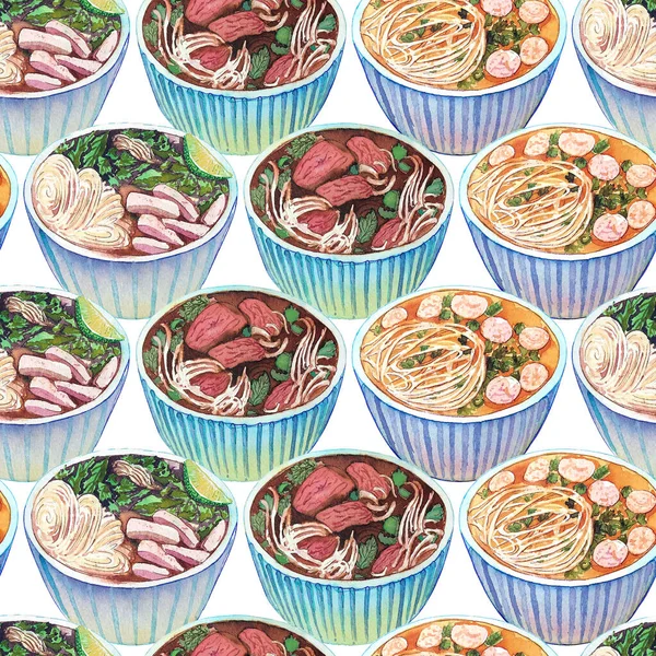 Seamless Watercolor Pattern Vietnamese Soup Pho Tasty Hot Fresh Asian —  Fotos de Stock