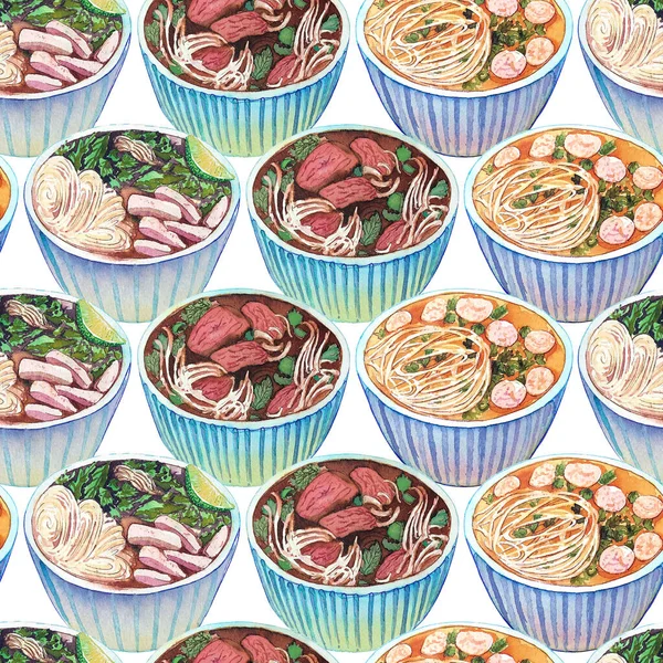Seamless watercolor pattern with vietnamese soup pho. Tasty hot fresh asian soup repeating background. Hand drawn pattern with bowls of delicious meat soup pho.