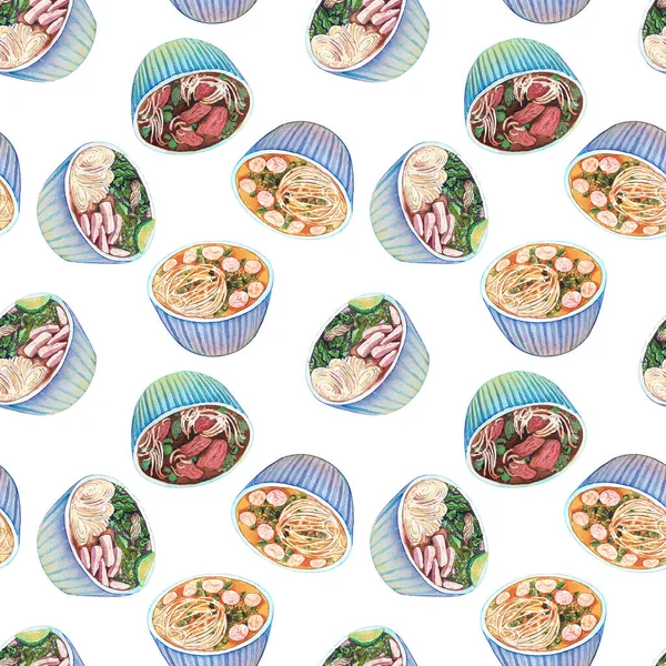 Seamless watercolor pattern with vietnamese soup pho. Tasty hot fresh asian soup repeating background. Hand drawn pattern with bowls of delicious meat soup pho.