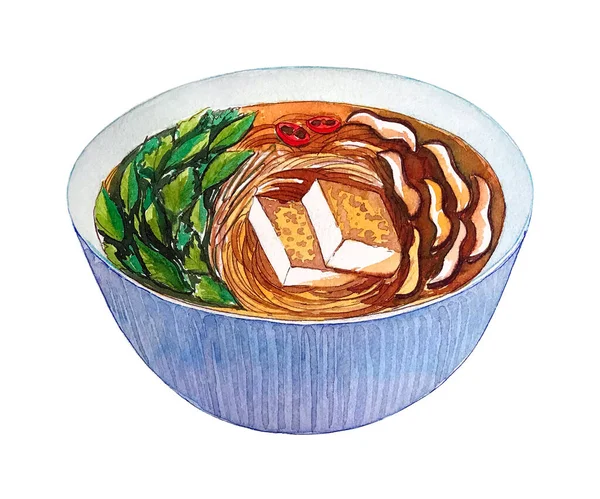 Watercolor Vietnamese Vegetarian Soup Pho Isolated White Background Hand Drawn — Stok Foto