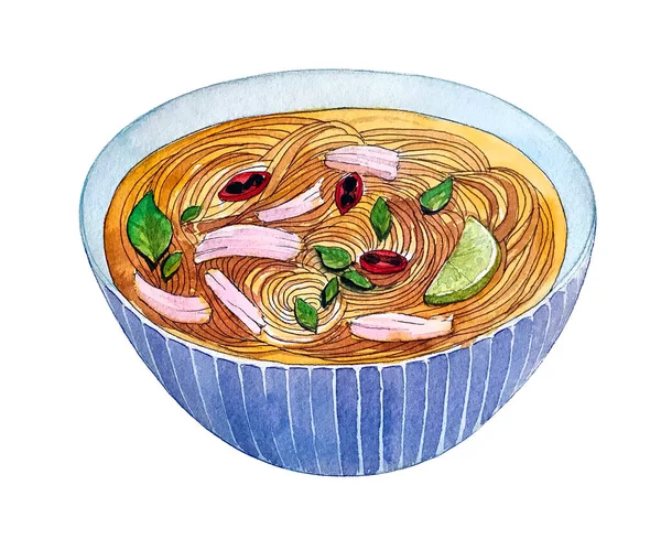 Watercolor Vietnamese Soup Pho Isolated White Background Hand Drawn Bowl — 스톡 사진