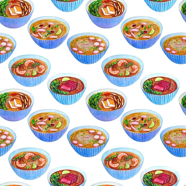 Seamless watercolor pattern with vietnamese soup pho. Tasty hot fresh asian soup repeating background. Hand drawn pattern with bowls of delicious meat soup pho.