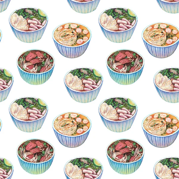 Seamless watercolor pattern with vietnamese soup pho. Tasty hot fresh asian soup repeating background. Hand drawn pattern with bowls of delicious meat soup pho.