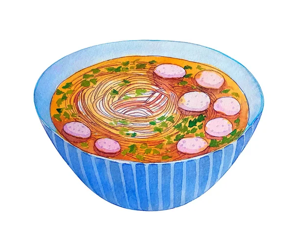 Watercolor Vietnamese Soup Pho Isolated White Background Hand Drawn Bowl — Fotografia de Stock