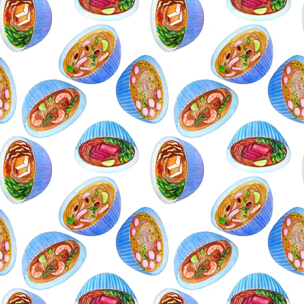 Seamless watercolor pattern with vietnamese soup pho. Tasty hot fresh asian soup repeating background. Hand drawn pattern with bowls of delicious meat soup pho.