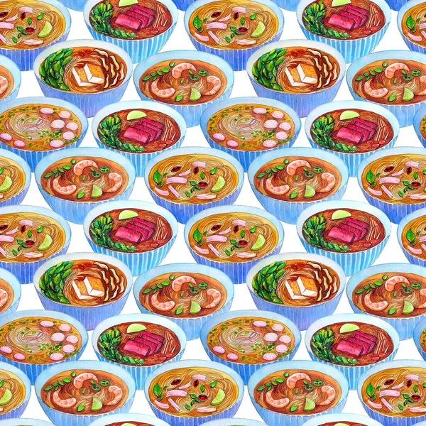 Seamless watercolor pattern with vietnamese soup pho. Tasty hot fresh asian soup repeating background. Hand drawn pattern with bowls of delicious meat soup pho.