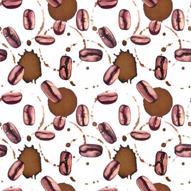 Seamless watercolor pattern with messy brown coffee tea marks, rings, stains, blobs, coffee beans on white background.