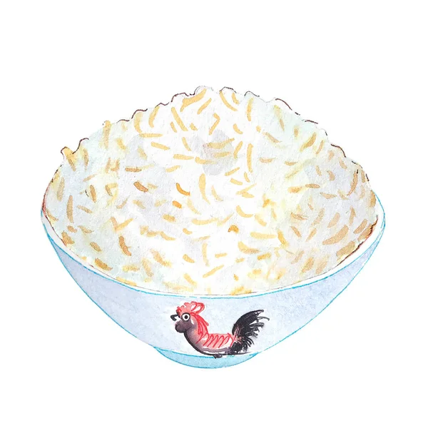 Watercolor bowl of rice isolated on white background. Hand drawn bowl of tasty hot fresh asian (chinese, japanese, vietnamese, cambodian) rice. White bowl with rooster on it.