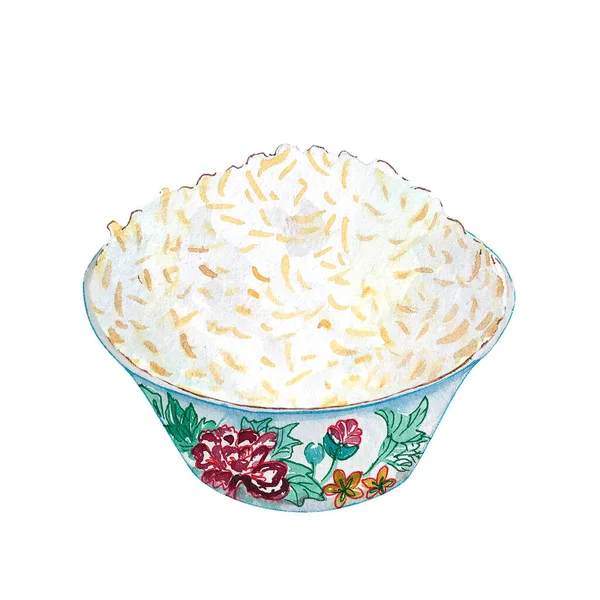 Watercolor bowl of rice isolated on white background. Hand drawn bowl of tasty hot fresh asian (chinese, japanese, vietnamese, cambodian) rice. Food in white bowl with red flowers.