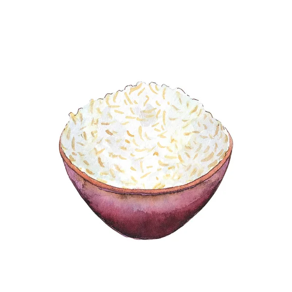 Watercolor Bowl Rice Isolated White Background Hand Drawn Bowl Tasty — 스톡 사진